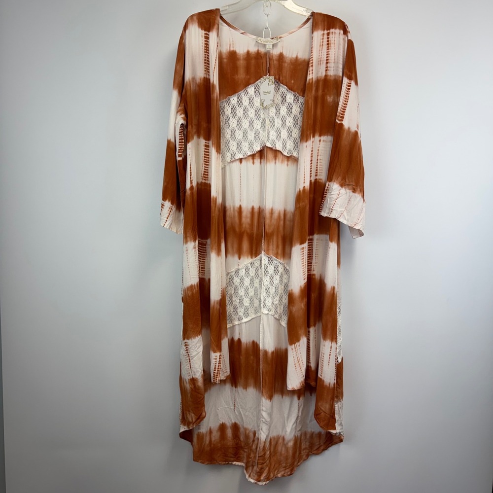 Weekend‎ Suzanne Betro Rust Tie Dye Lace Back High Low Kimono Cardigan Large NWT